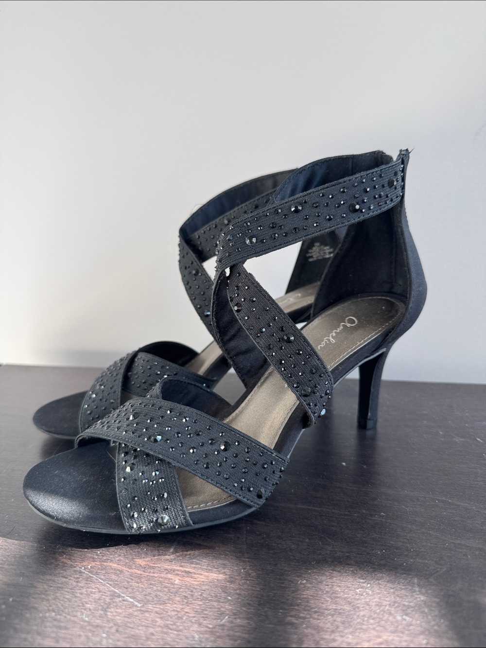 Crystal-Embellished Black Strappy Heels